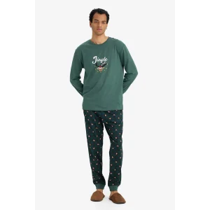 Defacto G2935AXGN1259 Yeşil Yılbaşı Temalı Pijama Takımı Regular Fit Uzun Kollu Üst Uzun Alt