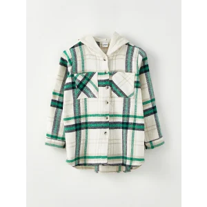 LCW Kids Yeşil Kapüşonlu Ekose Uzun Kollu Gabardin Kız Çocuk Gömlek