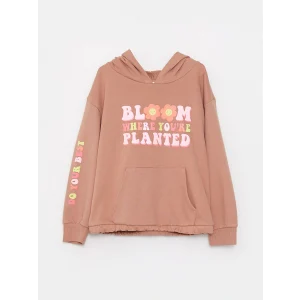 LCW Kids Kahverengi Kapüşonlu Baskılı Uzun Kollu Kız Çocuk Sweatshirt