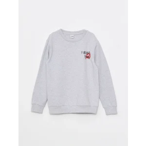 LCW Kids Gri Bisiklet Yaka Baskılı Uzun Kollu Erkek Çocuk Sweatshirt