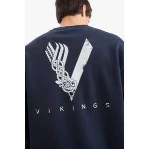 Defacto E9323AXNV64 Lacivert Vikings Boxy Fit Bisiklet Yaka Sırt Baskılı Sweatshirt