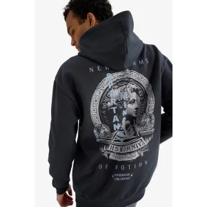 Defacto F2109AXAR206 Antrasit Boxy Fit Kapüşonlu Sırt Baskılı Sweatshirt