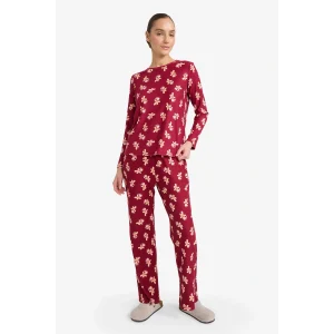 Defacto G5776AXBR205 Bordo Pijama Takımı Regular Fit Desenli Uzun Kollu Üst Uzun Alt