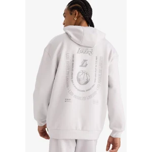 Defacto F3876AXGR519 Gri NBA Los Angeles Lakers Boxy Fit Kapüşonlu Skuba Dalgıç Kumaş Sırt Baskılı Sweatshirt