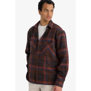 Defacto G2331AXBN339 Kahve Regular Fit Polo Yaka Kareli Flanel Uzun Kollu Gömlek