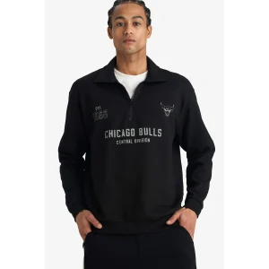 Defacto F5859AXBK81 Siyah NBA Chicago Bulls Relax Fit Polo Yaka Jakarlı Sweatshirt