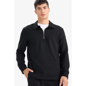 Defacto F2802AXBK81 Siyah Regular Fit Polo Yaka Yarım Fermuarlı Sweatshirt