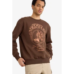 Defacto F2111AXBN539 Kahve Boxy Fit Bisiklet Yaka Baskılı Sweatshirt