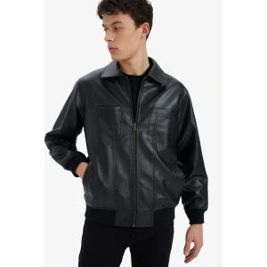 Defacto C5843AXBK27 Siyah Su İtici Regular Fit Gömlek Yaka Fermuarlı İç Cepli Suni Deri Mevsimlik Ceket Mont