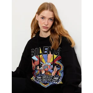 XSIDE Siyah Baskılı Kadın Kalın Hoodie