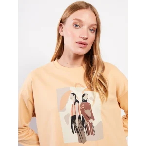 LCWAIKIKI Basic Turuncu Bisiklet Yaka Baskılı Uzun Kollu Oversize Kadın Sweatshirt