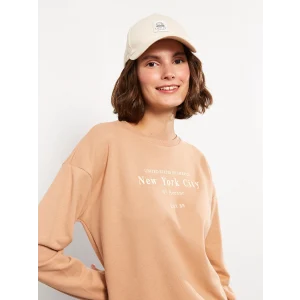 LCW Vision Kahverengi Bisiklet Yaka Baskılı Uzun Kollu Kadın Sweatshirt