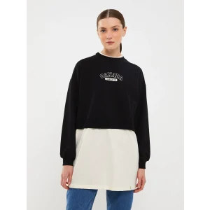 LCW Modest Siyah Bisiklet Yaka Baskılı Uzun Kollu Oversize Kadın Sweatshirt Tunik