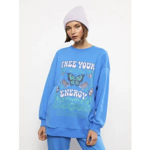 LCW Vision Mavi Bisiklet Yaka Baskılı Uzun Kollu Kadın Sweatshirt