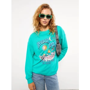 LCW Vision Yeşil Bisiklet Yaka Baskılı Uzun Kollu Kadın Sweatshirt