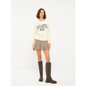 LCW Vision Bej Bisiklet Yaka Baskılı Kadın Kalın Sweatshirt