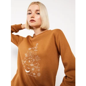 LCW Vision Kahverengi Bisiklet Yaka Baskılı Kadın Kalın Sweatshirt