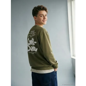 LCW Kids Yeşil Bisiklet Yaka Baskılı Erkek Çocuk Sweatshirt