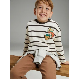 LCW Kids Bej Bisiklet Yaka Baskılı Uzun Kollu Erkek Çocuk Tişört