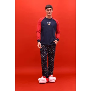 Defacto G2905AXNV135 Lacivert Pijama Takımı Regular Fit Baskılı Uzun Kollu Üst Uzun Alt