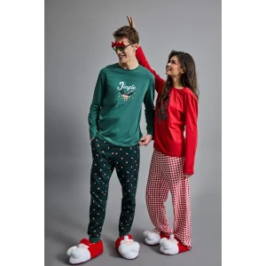 Defacto G2935AXGN1259 Yeşil Yılbaşı Temalı Pijama Takımı Regular Fit Uzun Kollu Üst Uzun Alt