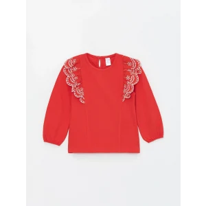 LCW Kids Kırmızı Bisiklet Yaka Fırfır Detaylı Uzun Kollu Tişört