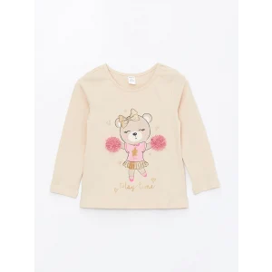 LCW Kids Pembe Bisiklet Yaka Uzun Kollu Baskılı Kız Bebek Tişört