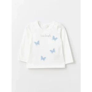LCW Kids Ekru Bisiklet Yaka Uzun Kollu Baskılı Kız Bebek Tişört