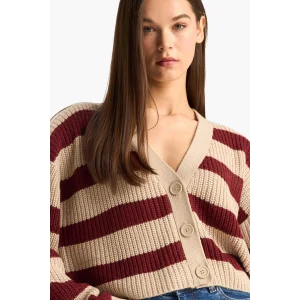 Defacto Z8539AZBG644 Bej Regular Fit V Yaka Çizgili Düğmeli Triko Hırka