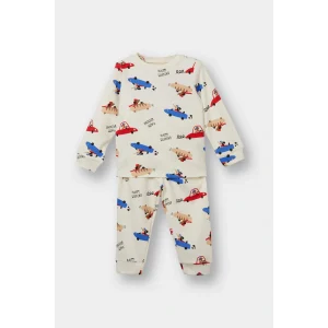 Defacto F0555A5ER233 Ekru Erkek Bebek Pijama Takımı Araç Baskılı Uzun Kollu Üst Uzun Alt