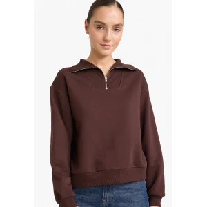 Defacto G4761AXBN267 Kahve Regular Fit Yarım Fermuarlı Balıkçı Yaka Basic Düz Sweatshirt