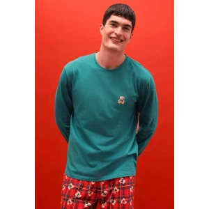 Defacto G7275AXRD256 Kırmızı Pijama Takımı Regular Fit Ayıcık Desenli Uzun Kollu Üst Uzun Alt