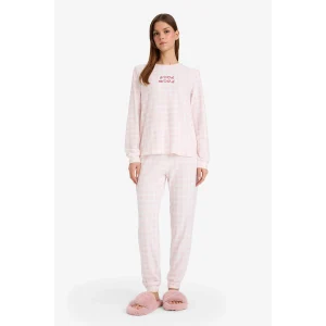 Defacto G5305AXPN38 Pembe Pijama Takımı Regular Fit Kareli Uzun Kollu Üst Uzun Alt