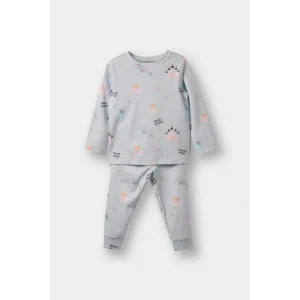 Defacto F0631A5BE61 Mavi Kız Bebek Pijama Takımı Desenli Uzun Kollu Üst Uzun Alt