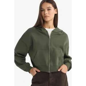 Defacto Z7069AZGN432 Yeşil Cropped Fit Kapüşonlu Kalın Fermuarlı Sweatshirt