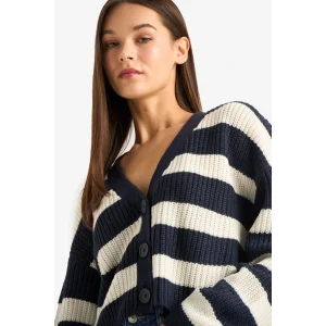 Defacto Z8539AZNV207 Lacivert Regular Fit V Yaka Çizgili Düğmeli Triko Hırka