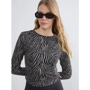 LCWAIKIKI Basic Kahverengi Bisiklet Yaka Desenli Bluz