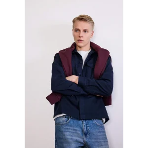 Defacto F7124AXNV64 Lacivert Boxy Fit Polo Yaka Twill Uzun Kollu Gömlek