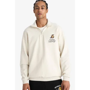 Defacto E9637AXBG662 Bej NBA Los Angeles Lakers Oversize Geniş Kalıp Dik Yaka Yarım Fermuarlı Jakarlı Sweatshirt