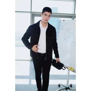 Defacto Y5362AZBK27 Siyah Slim Fit Dar Kesim Polo Yaka Astarlı Fermuarlı Cepli Mevsimlik Baharlık Süet Mont