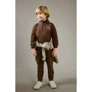 Defacto G1126A5BN334 Kahve Erkek Bebek 2li Takım Baskılı Yarım Fermuarlı Sweatshirt Eşofman Altı