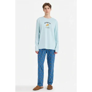 Defacto G4959AXTR487 Turkuaz Pijama Takımı Regular Fit Baskılı Uzun Kollu Üst Desenli Uzun Alt