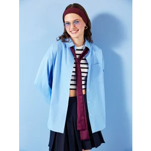 LCW Vision Mavi Düz Uzun Kollu Oversize Kadın Gömlek