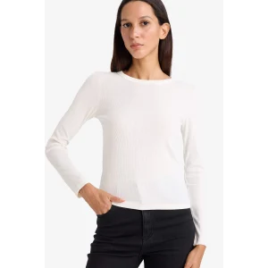 Defacto E5767AXER105 Ekru Slim Fit Dar Kesim Basic Düz Fitilli Kaşkorse Uzun Kollu Tişört