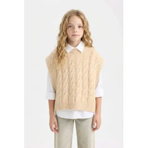 Defacto C9659A8BG588 Bej Kız Çocuk Bisiklet Yaka Saç Örgüsü Desenli Triko Süveter