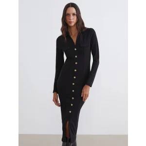 LCW Vision Siyah Gömlek Yaka Yırtmaçlı Elbise