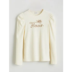 LCW Kids Ekru Bisiklet Yaka Nakışlı Kız Çocuk Tişört