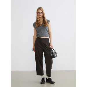 XSIDE Kahverengi Loose Fit Çizgili Kadın Pileli Pantolon