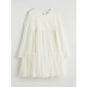 LCW Kids Ekru Bisiklet Yaka Işıltılı Kız Çocuk Elbise
