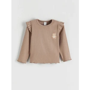 LCW baby Kahverengi Bisiklet Yaka Ayıcık Nakışlı Kız Bebek Uzun Kollu Tişört